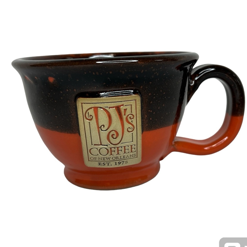 PJ’s Coffee New Orleans Ballard Brands Mug Pottery Orange Brown 16oz USA RARE